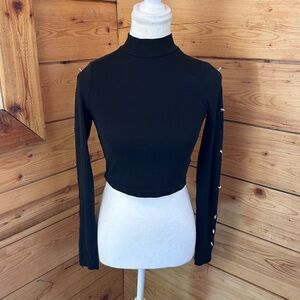 Cotton Black Long Sleeve Spiked Studded Crop Mock Neck Top Womens XS Bershka